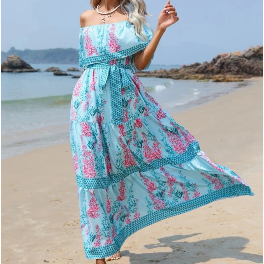 Bohemian Floral Print Off Shoulder Ruffle Maxi Dress Blue - Picture 4 of 7